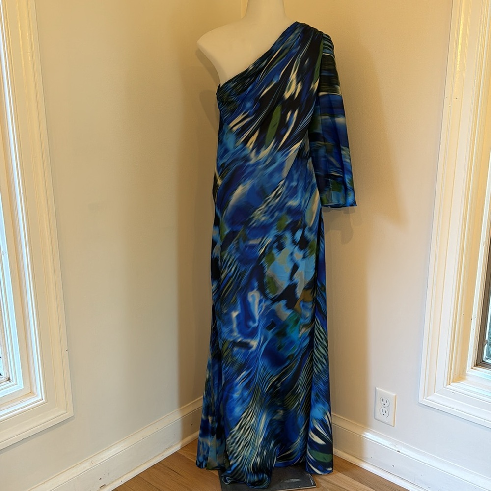 ANTHROPOLOGIE Mandira Wirk Blue Abstract One Shoulder Long Maxi Gown Formal XS